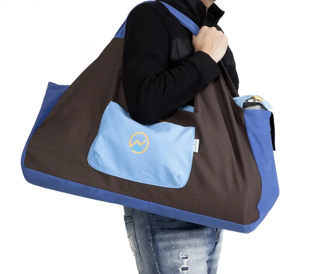 XXL Yoga & Pilates Mat Bag, Brown & Sky Blue – Earth Meets Air | 12oz Canvas Tote