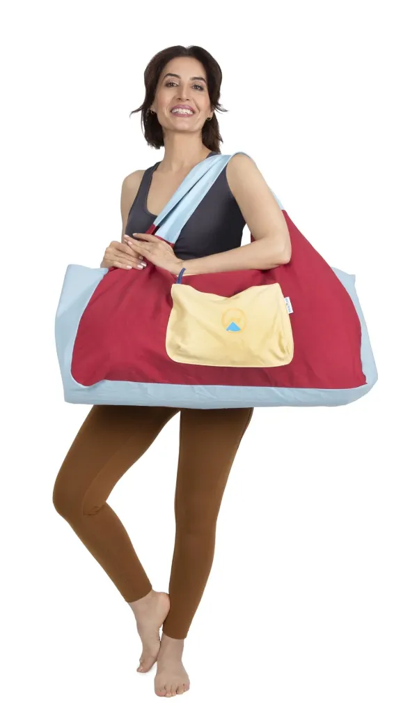 XXL Yoga & Pilates Mat Bag, Burgundy & Sky Blue – Sunset Flow | 12oz Canvas Tote